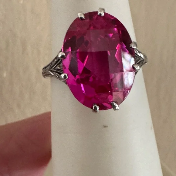 Art Deco 8 Carat Pink Sapphire Sterling Checkerboard Cut Ring - Picture 10 of 13